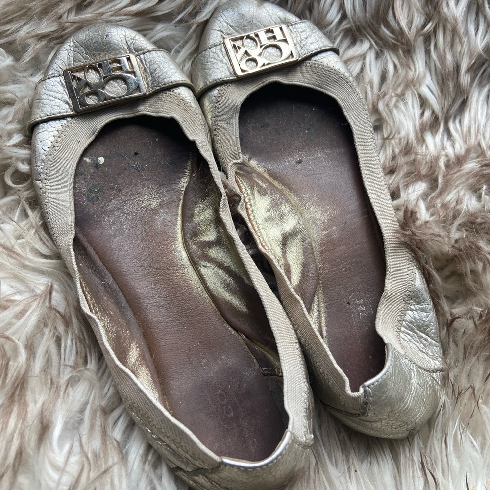 Coach Gold Flats with Decorative Toe: USED/PRE-OWNED/WELL WORN